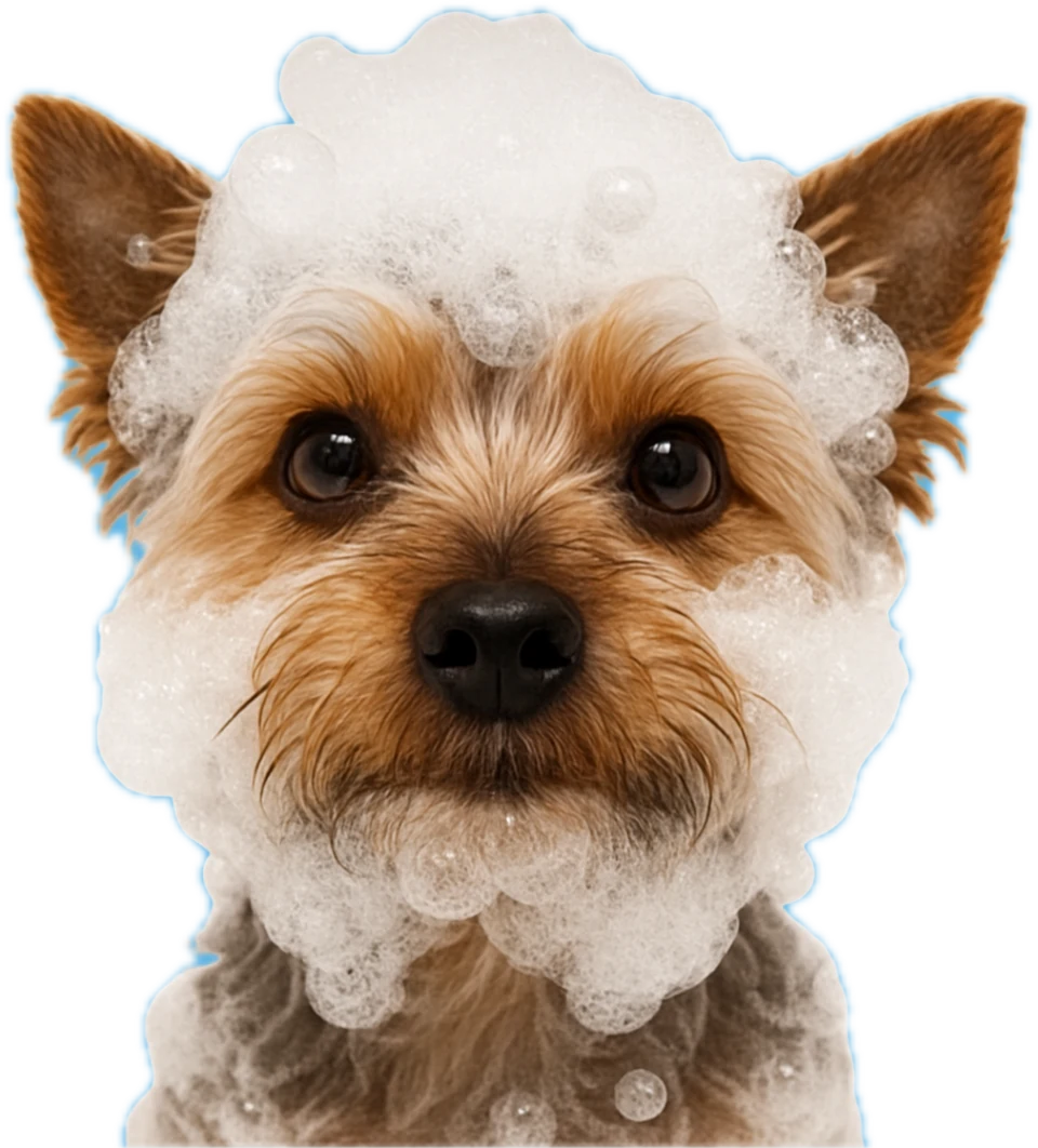 The Woof Wash Yorkie, covered in shampoo bubbles